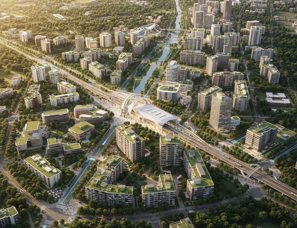 Future vision of a large-scale masterplan site with sustainable mixed-use development and integrated infrastructure